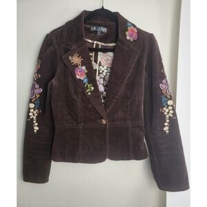 True Meaning Brown Corduroy Floral Embroidered Jacket Blazer Size 4